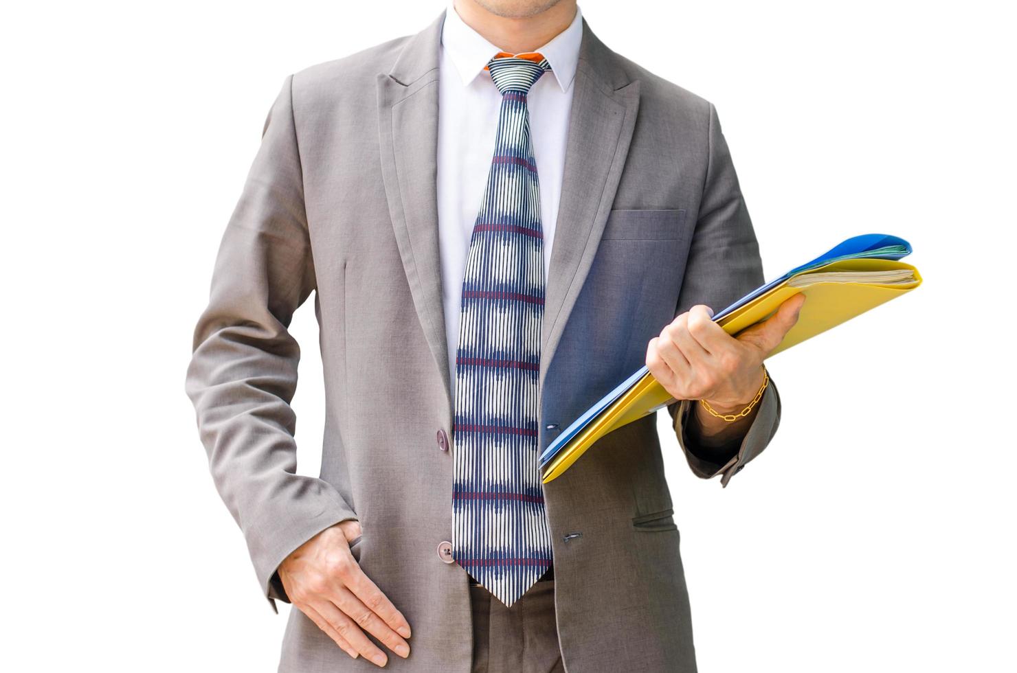 businessman holding important documents file on white background photo