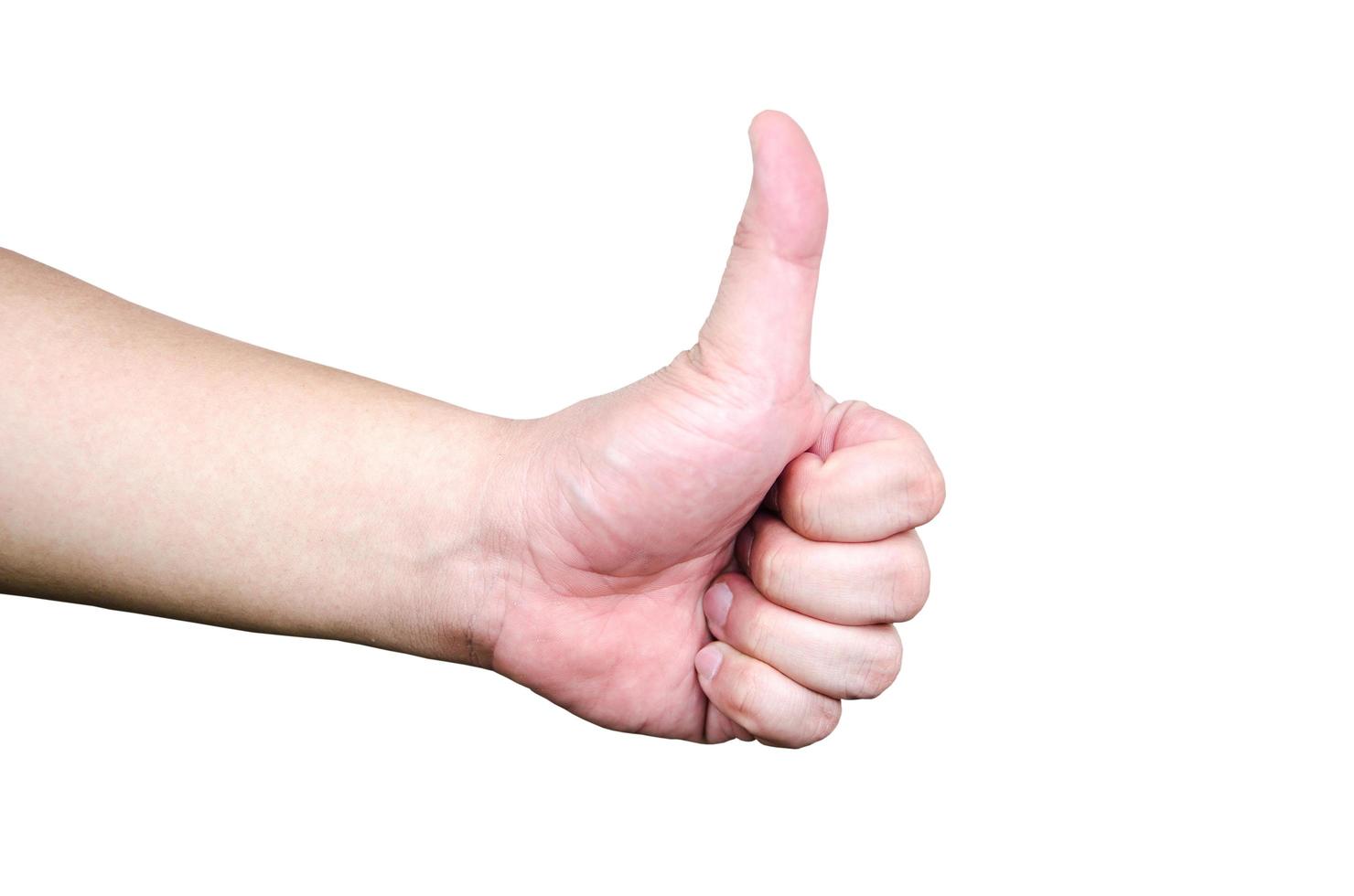 Side view of a person's hand making the thumbs up sign photo