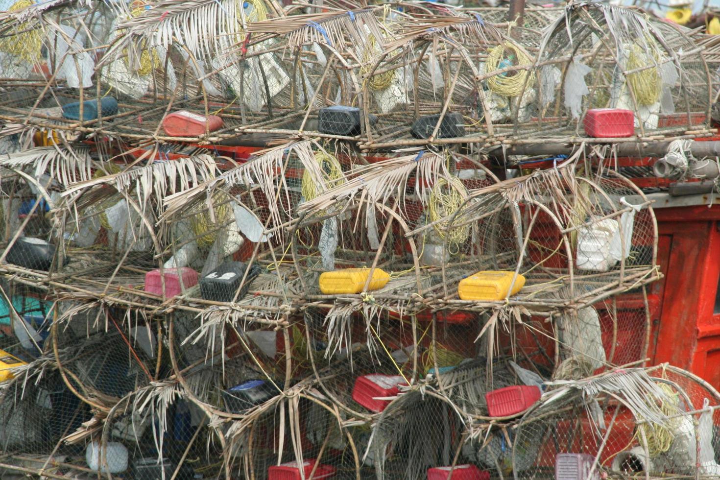 Equipments are on fisher boat make from bamboo and common style, The equipment use catch fishes in the sea, Chonburi Province, Thailand. photo