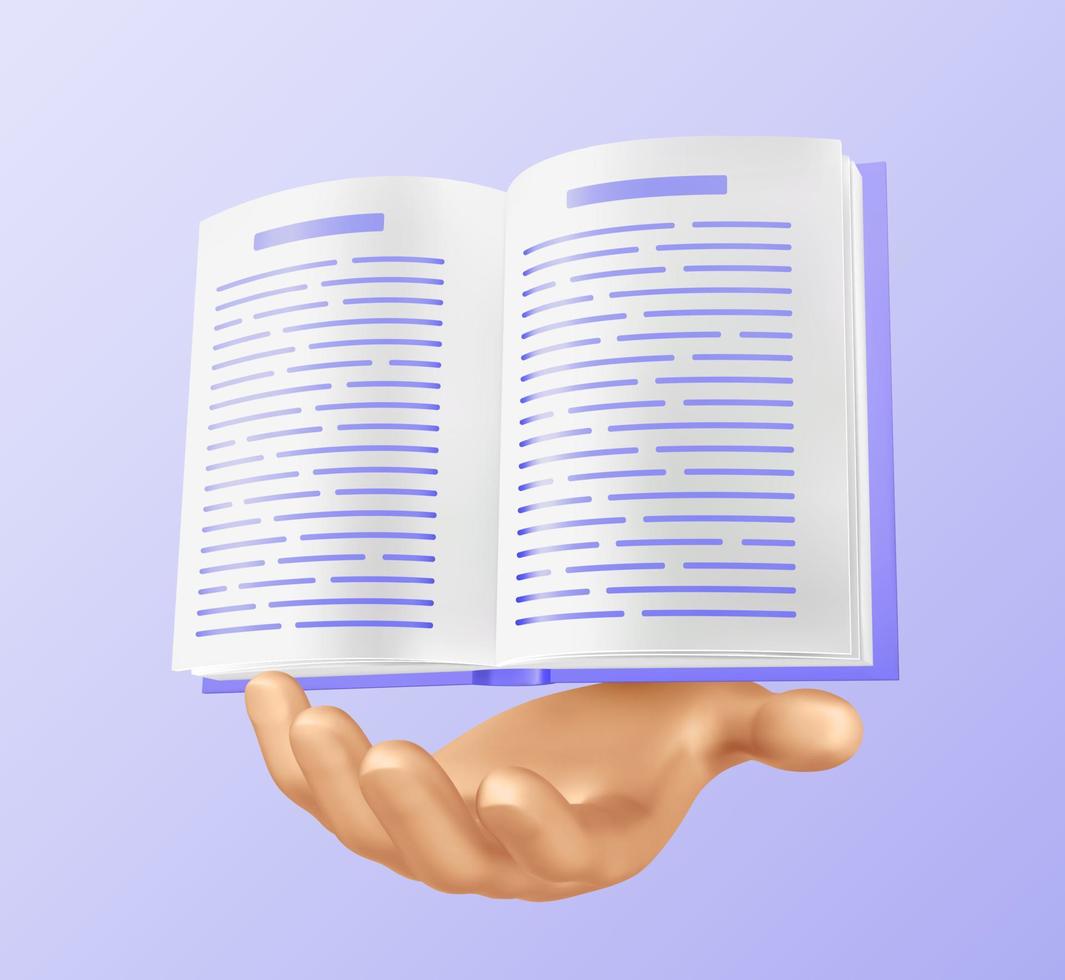 Book in hand. Open Book 3D icon for learning or reading concept. Education infographic template design with e-book. Vector illustration.