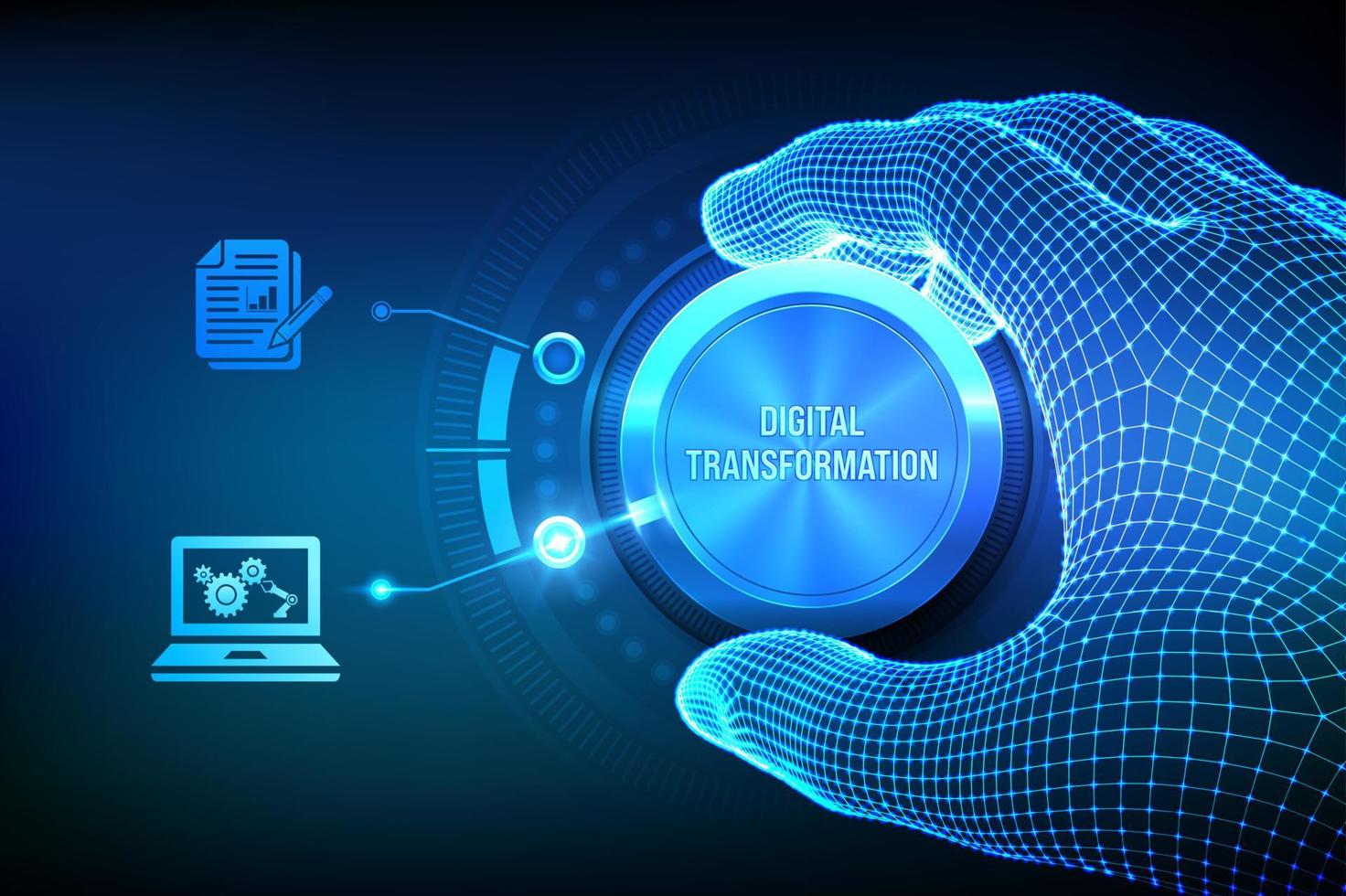 Digital transformation. Digitization of business processes and modern technology. Wireframe hand turning a knob and selecting digital mode. Digitalization of analog data concept. Vector illustration.