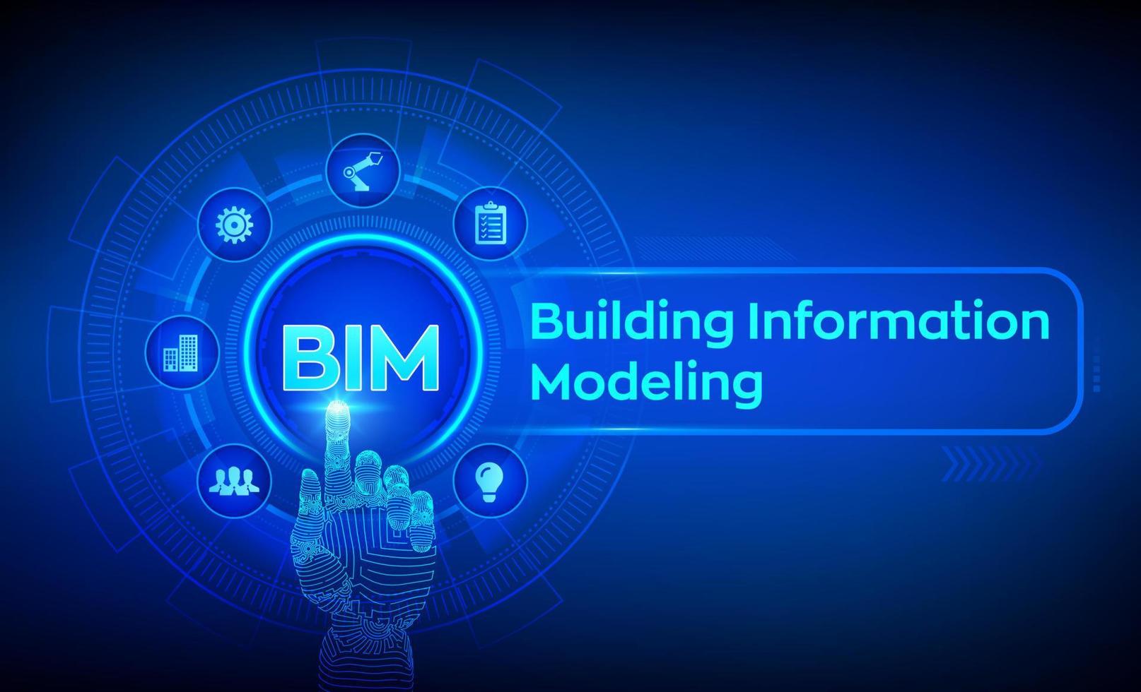 bim construyendo el concepto de tecnología de modelado de información en pantalla virtual. concepto de industria, arquitectura y construcción empresarial. mano robótica tocando la interfaz digital. ilustración vectorial vector