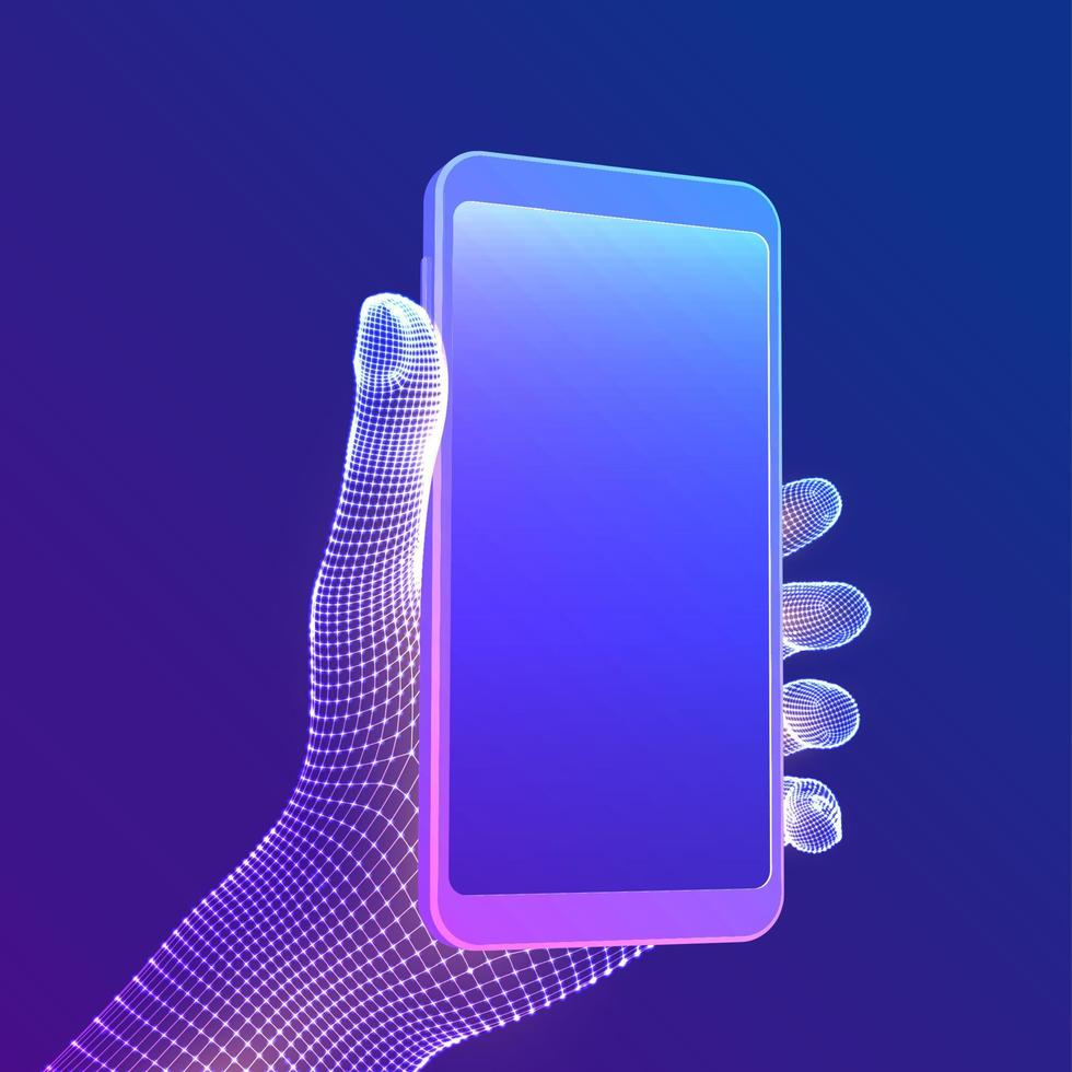 teléfono inteligente en la mano. teléfono móvil de primer plano con pantalla vacía en blanco en la mano. concepto de teléfono inteligente de la aplicación de comunicación. concepto digital de temas de gadgets y dispositivos. ilustración de vector de tecnología abstracta.