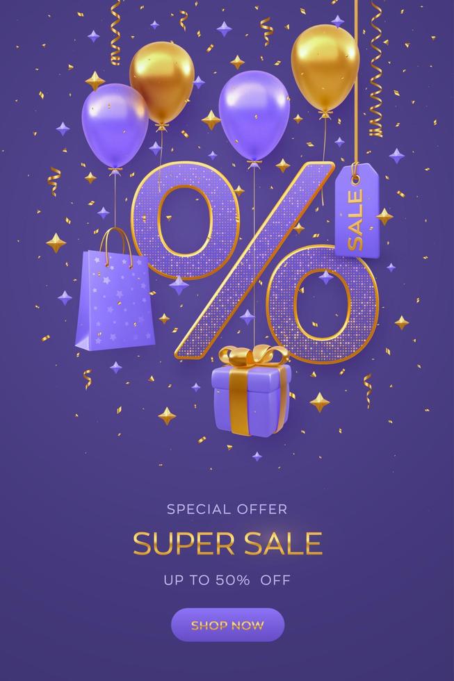 diseño de banner de venta sobre fondo morado. símbolo de porcentaje con bolsa de compras, etiqueta de precio, caja de regalo con lazo dorado, globos de helio voladores y confeti brillante. ilustración vectorial 3d realista. vector