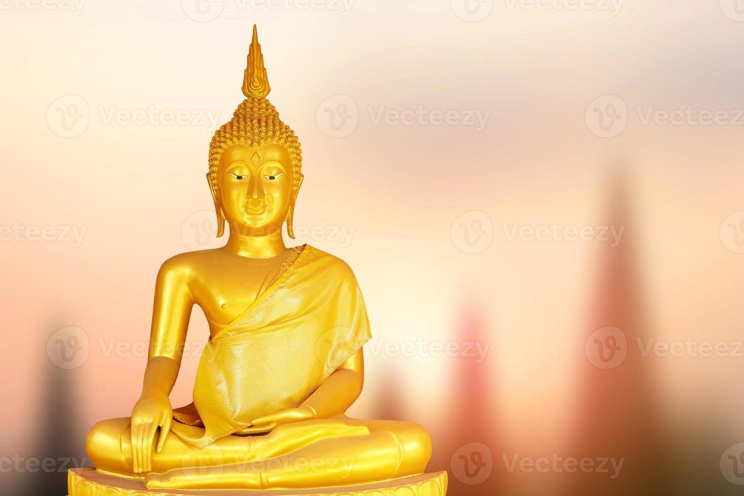 Buddha statue. background blurred flowers and sky with the light of the sun. photo