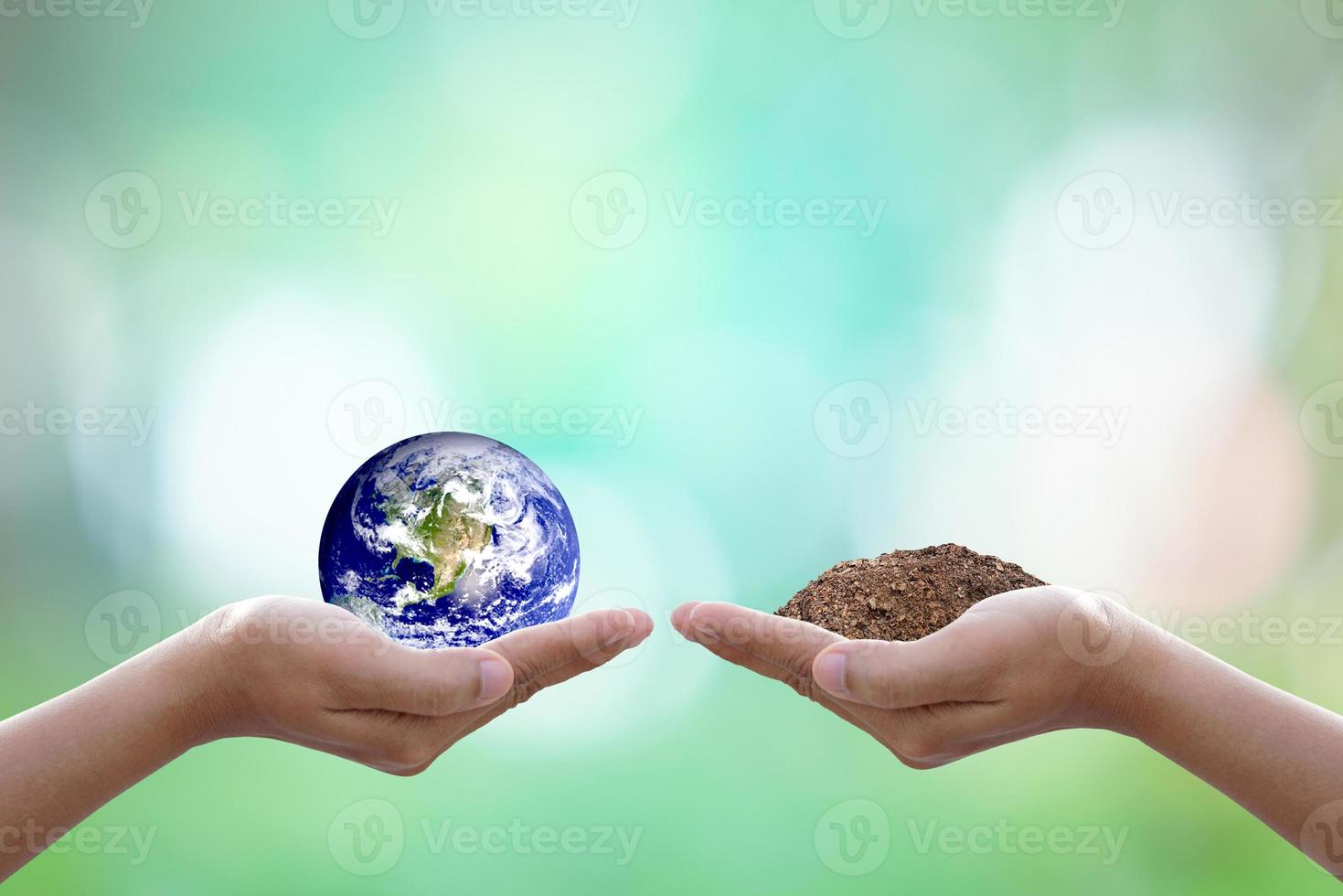 Human hand holding  tree and world on blurred nature background.World environment day. photo