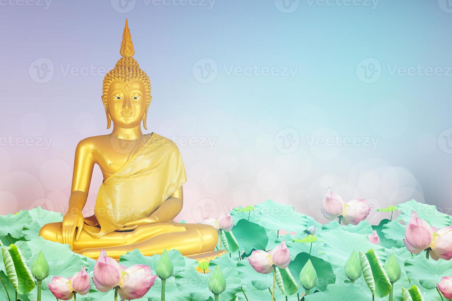 Buddha statue. background blurred flowers and sky with the light of the sun. photo