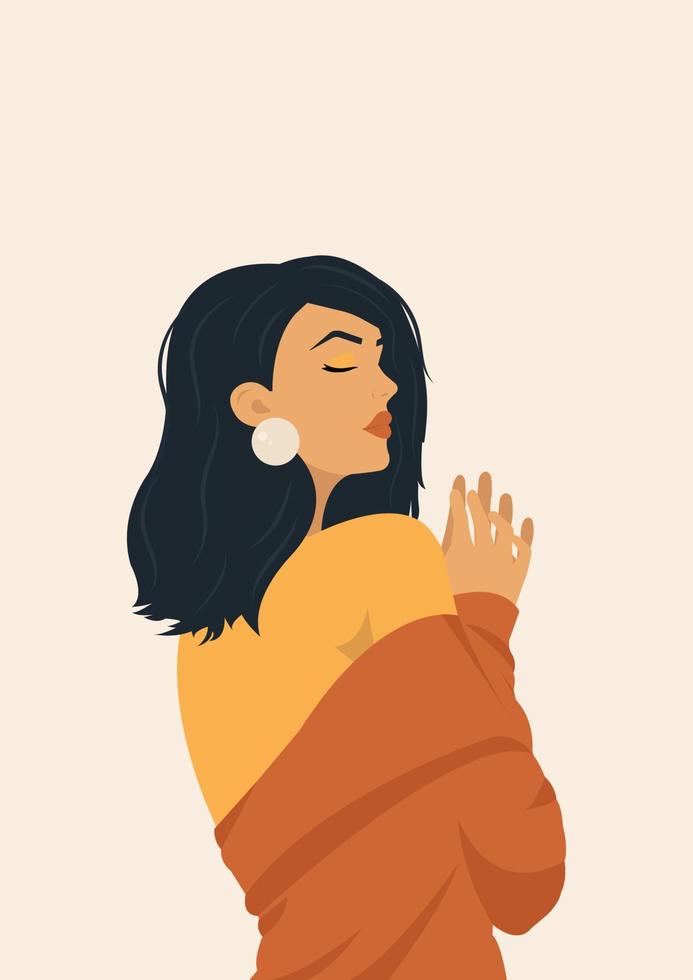 Portrait of a beautiful black-haired girl in retro style. flat illustration. Avatar for a social networking site. Poster for international women's day, mother's day. vector