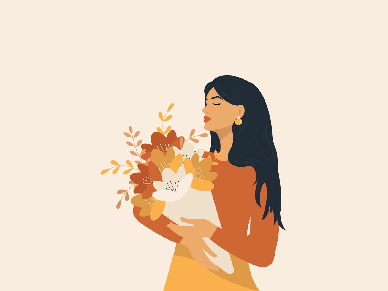 Portrait of a beautiful girl with black hair and flowers in a flat style. 90s Poster, banner for International Women's Day, Mother's Day. vector