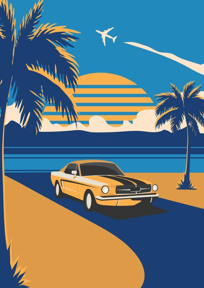 Retro car poster with seascape, palm trees and sunset in vintage colours vector