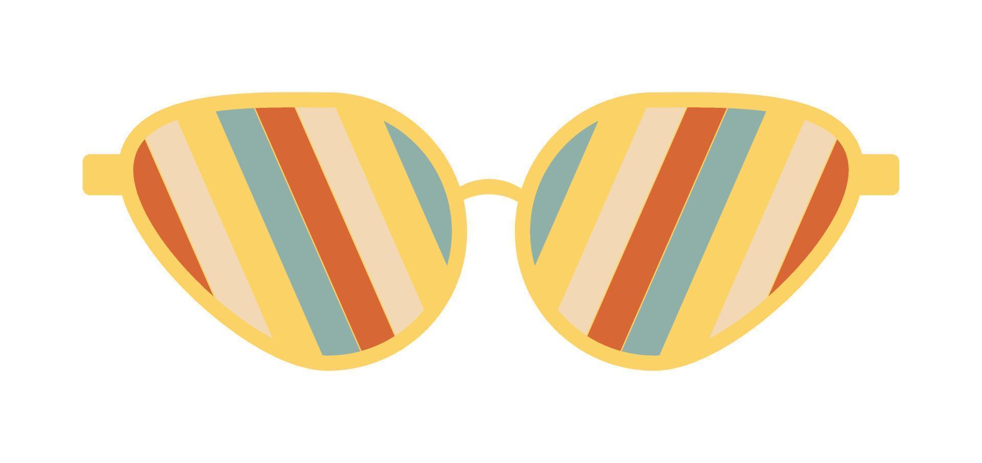 Psychedelic sunglasses in the style of the 70s. Retro groovy graphic elements of glasses with rainbow, lines and waves. vector