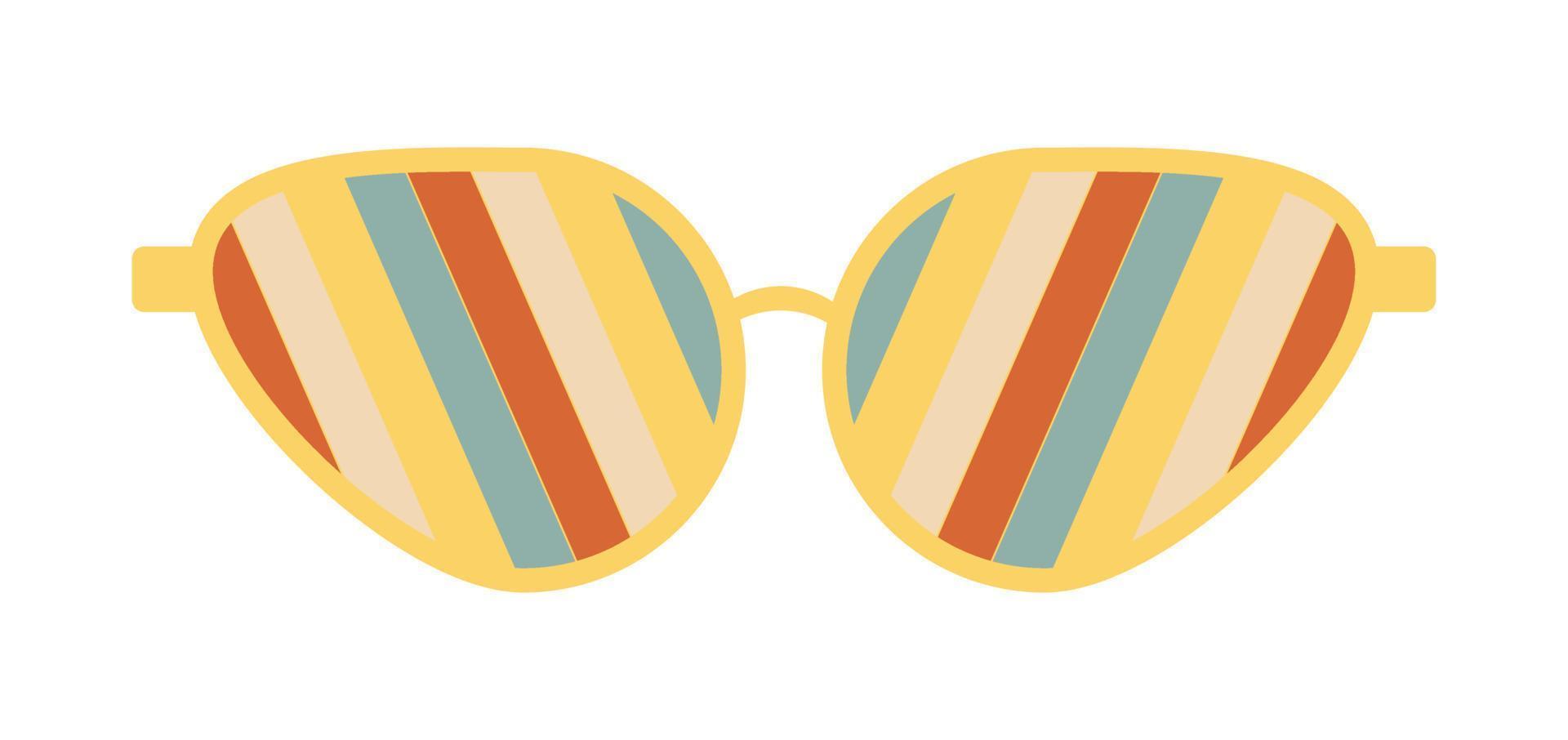 Psychedelic sunglasses in the style of the 70s. Retro groovy graphic elements of glasses with rainbow, lines and waves. vector