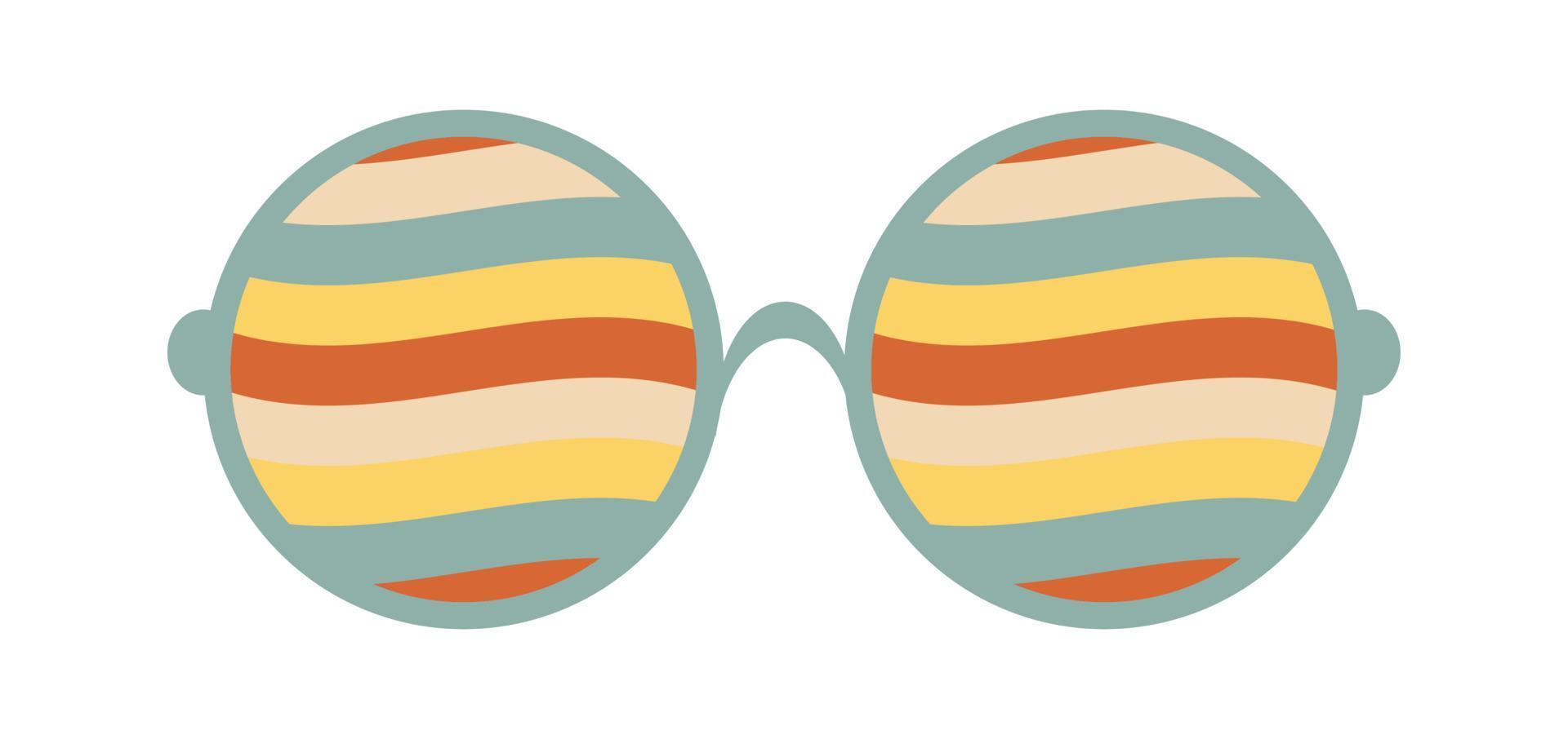 Psychedelic sunglasses in the style of the 70s. Retro groovy graphic elements of glasses with rainbow, lines and waves. vector