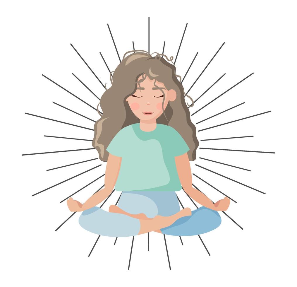 ilustración plana dibujada a mano del día internacional del yoga en estilo boho. una hermosa niña está sentada en posición de loto. vector
