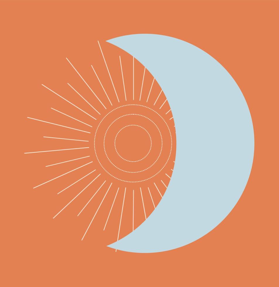 una luna creciente y un sol lineal al estilo de los garabatos. amuleto mágico en estilo boho vector