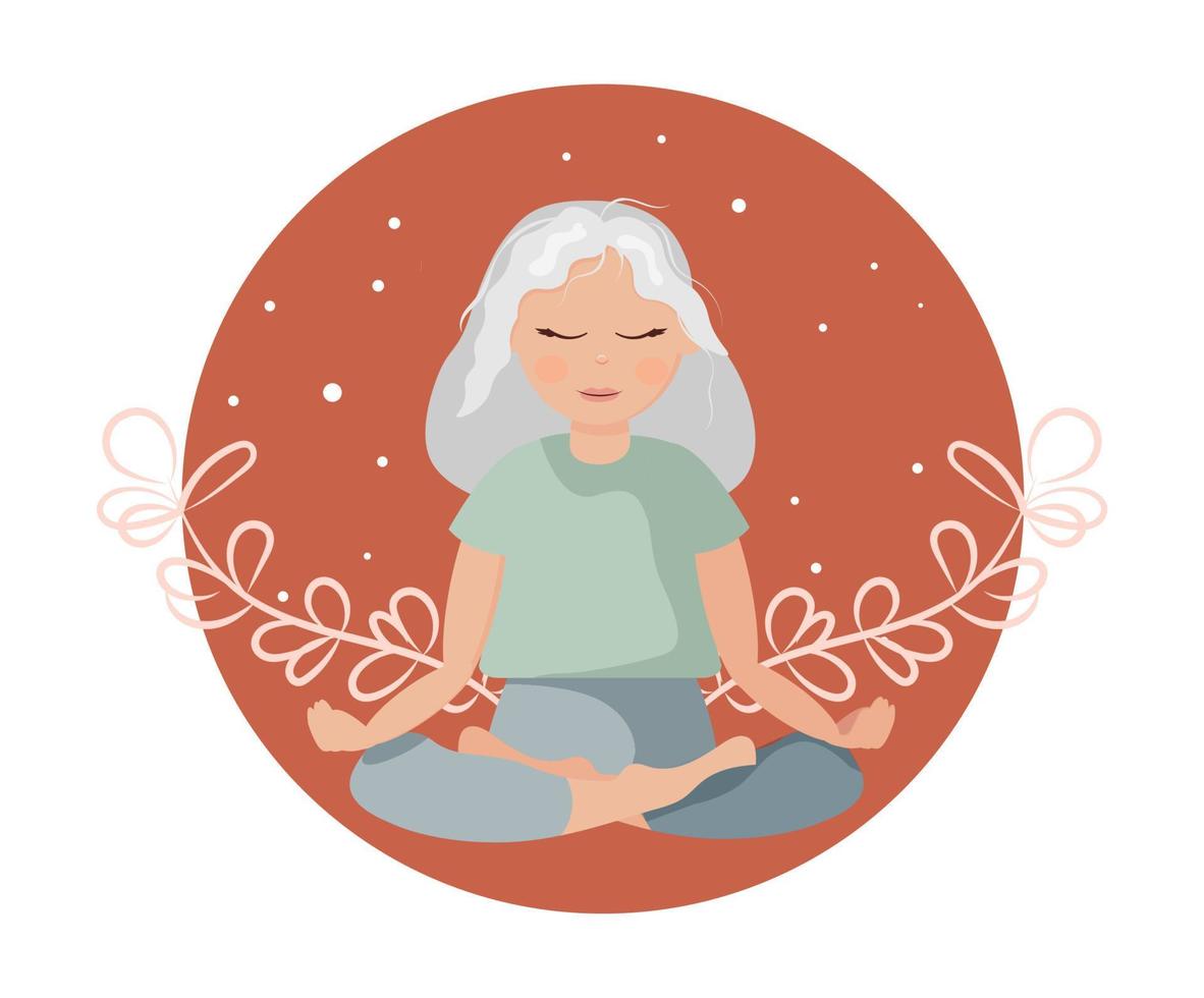 International Yoga Day hand-drawn flat illustration in boho style. A beautiful girl is sitting in a lotus position in tropical plant silhouettes. vector