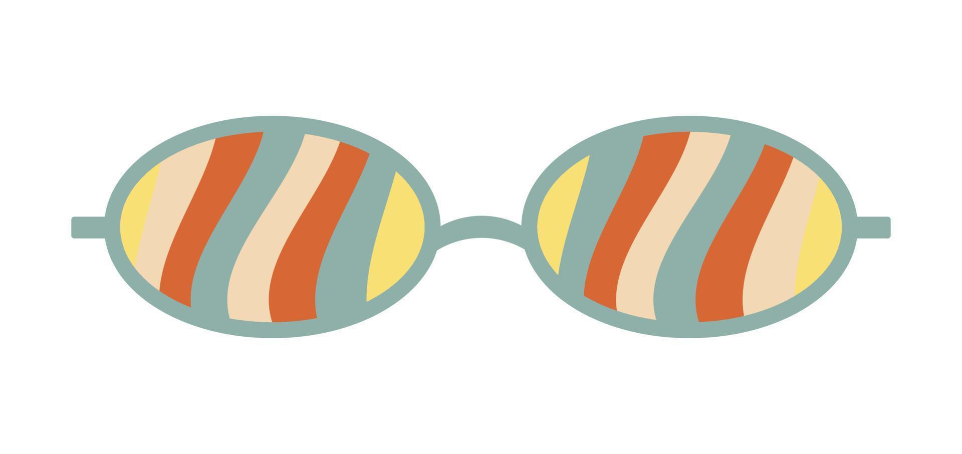 Psychedelic sunglasses in the style of the 70s. Retro groovy graphic elements of glasses with rainbow, lines and waves. vector