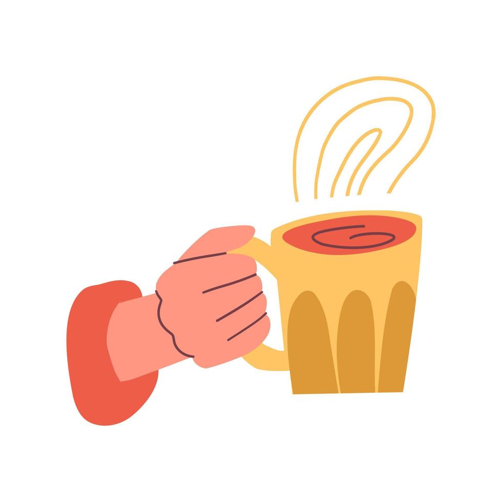 Hands with cups for drinks. Hands hold different mugs with hot drink, coffee, cocoa and tea. Flat vector hand drawn illustration.