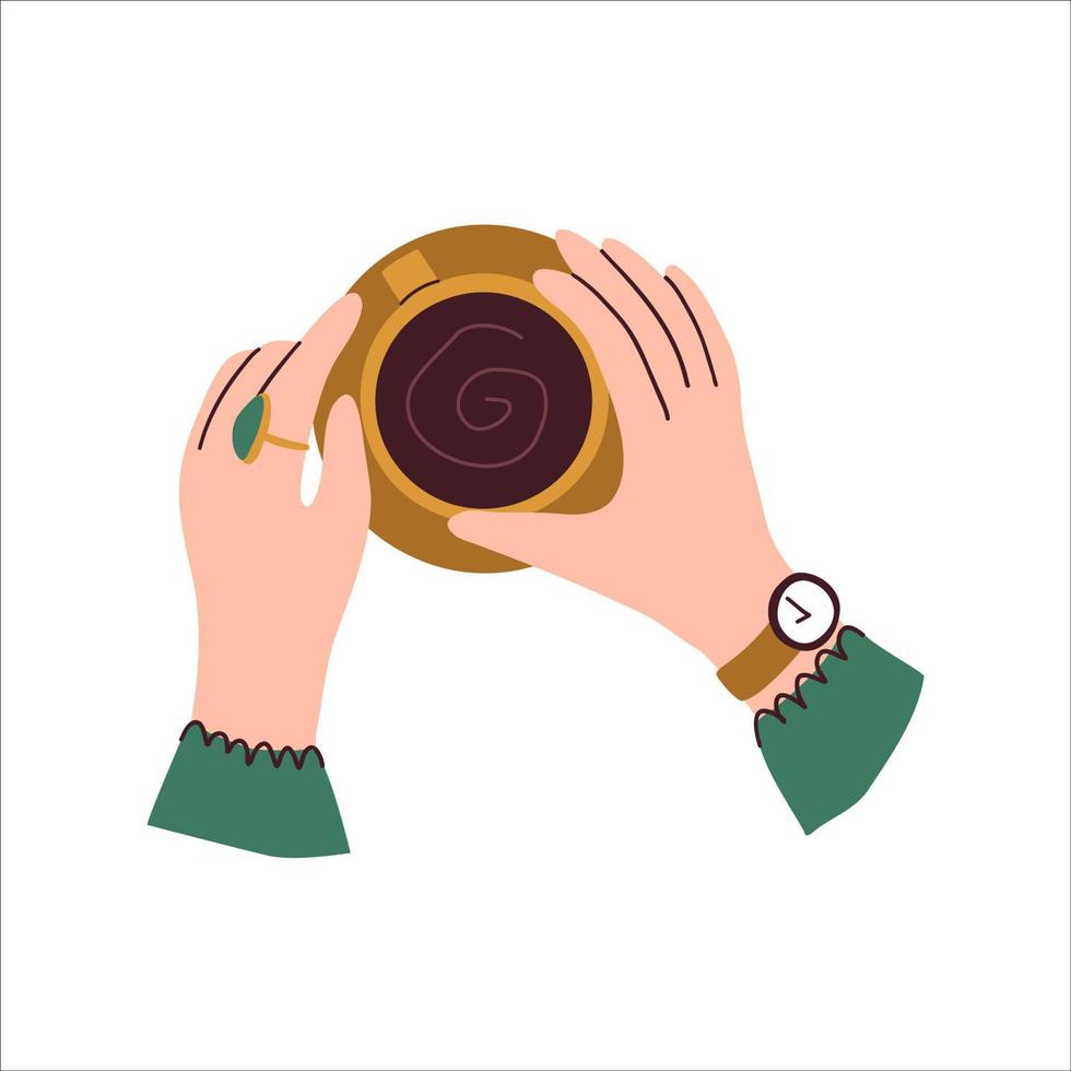 manos con tazas para bebidas. las manos sostienen diferentes tazas con bebida caliente, café, cacao y té. ilustración dibujada a mano vectorial plana. vector