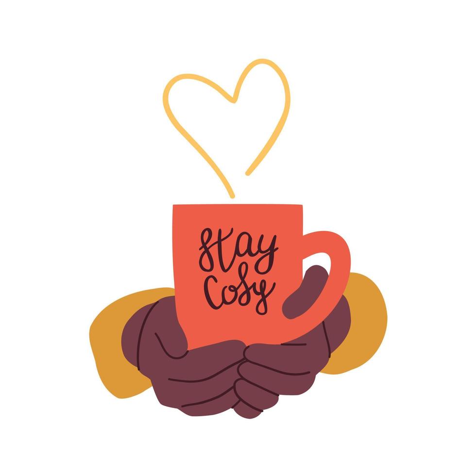 manos con tazas para bebidas. las manos sostienen diferentes tazas con bebida caliente, café, cacao y té. ilustración dibujada a mano vectorial plana. vector