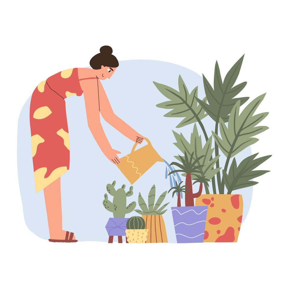 the girl takes care of the flowers. home plants in pots. flat hand drawn illustration. vector