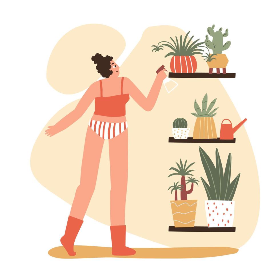 the girl takes care of the flowers. home plants in pots. flat hand drawn illustration. vector
