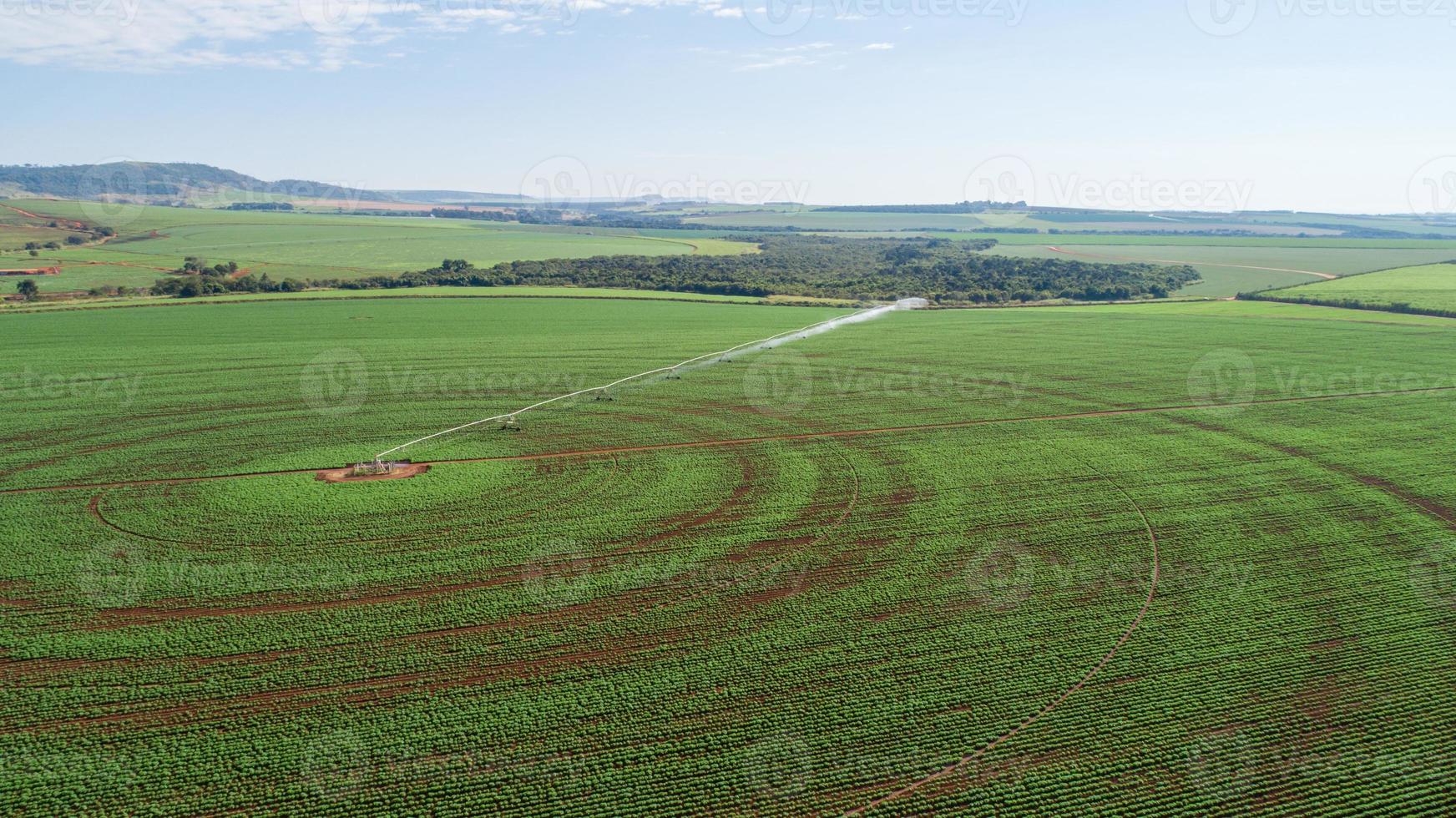 sistema de riego agrícola en un día soleado de verano. una vista aérea de un sistema de rociadores de pivote central. foto