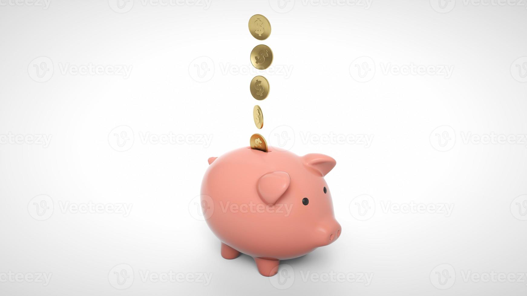 3d render of gold coin falling into a piggy bank. Piggy bank with coins money cash isolated on white background. Icon piggy bank, concept of saving money. Pig money box icon. photo