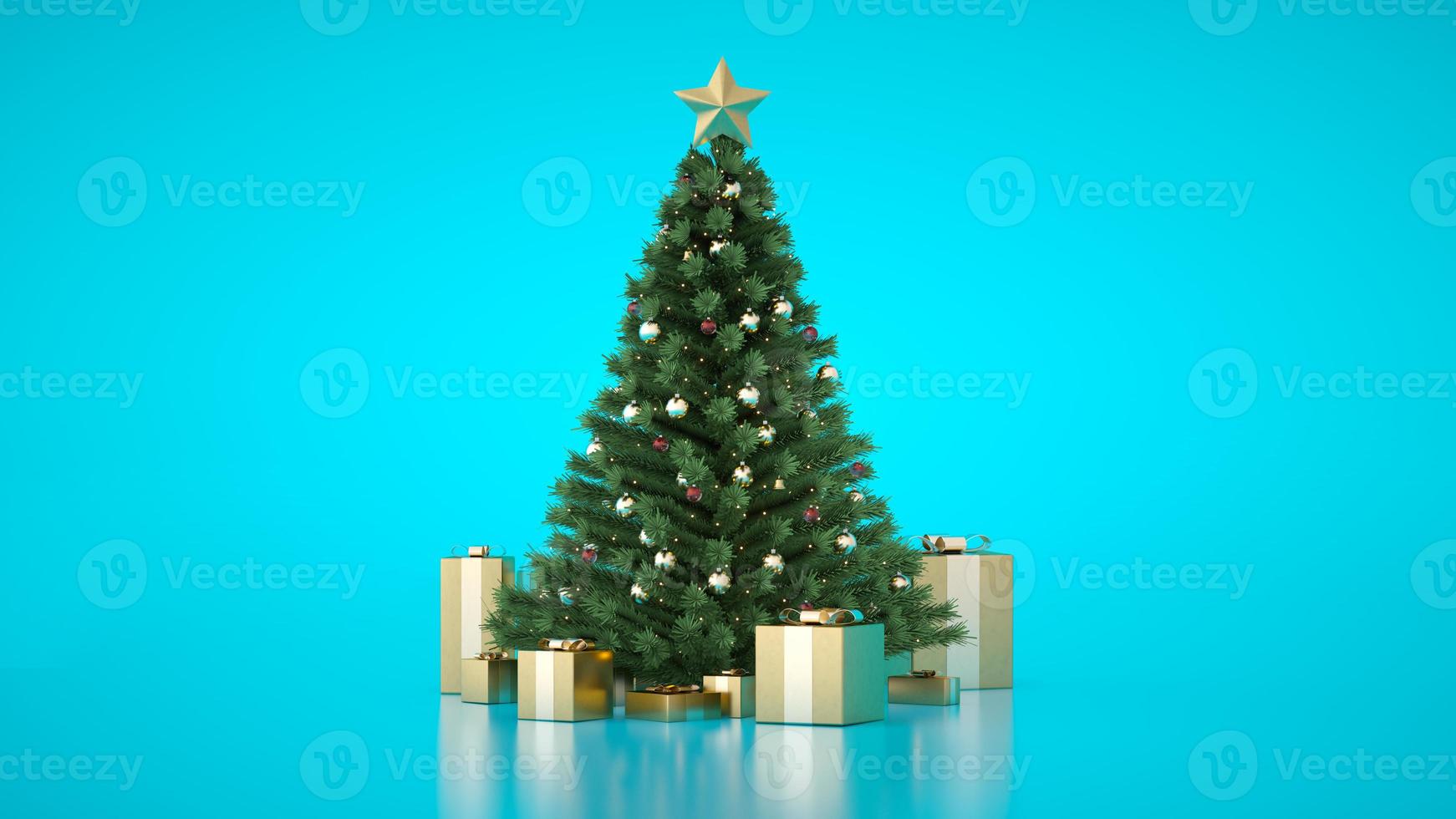 Amazing Christmas luxury tree with golden gift boxes. 3D render. Christmas tree flasher. Merry Christmas and Happy New Year. Xmas presents under the Christmas tree. Blue. Decorative Pine spruce tree. photo