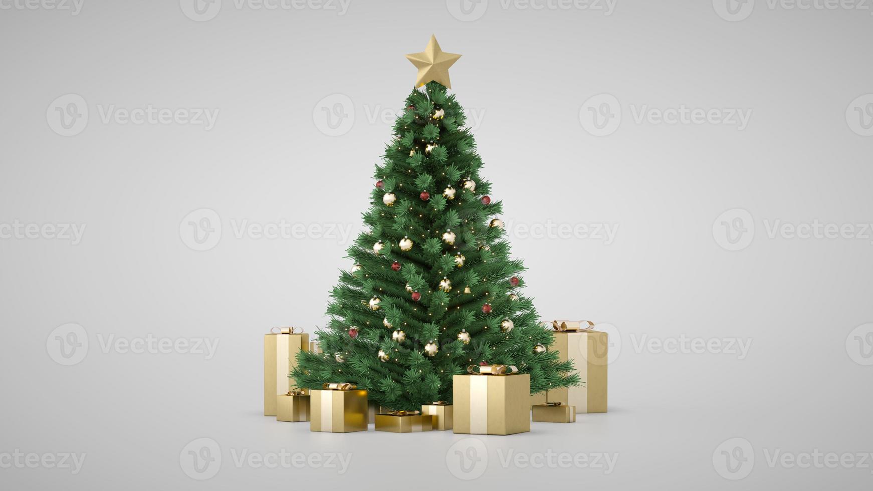 increíble árbol de navidad de lujo con cajas de regalo doradas. procesamiento 3d árbol de navidad intermitente. Feliz navidad y próspero año nuevo. regalos de navidad bajo el árbol de navidad. abeto de pino decorativo. foto