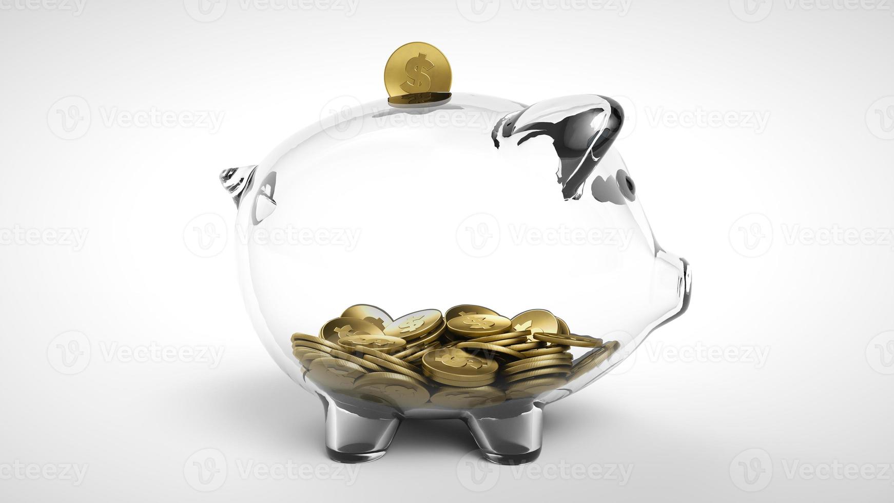 3d render of gold coin falling into a glass piggy bank. A see through piggy bank with money coins on white background. Empty transparent piggy bank, concept of saving money. Pig money box icon. photo