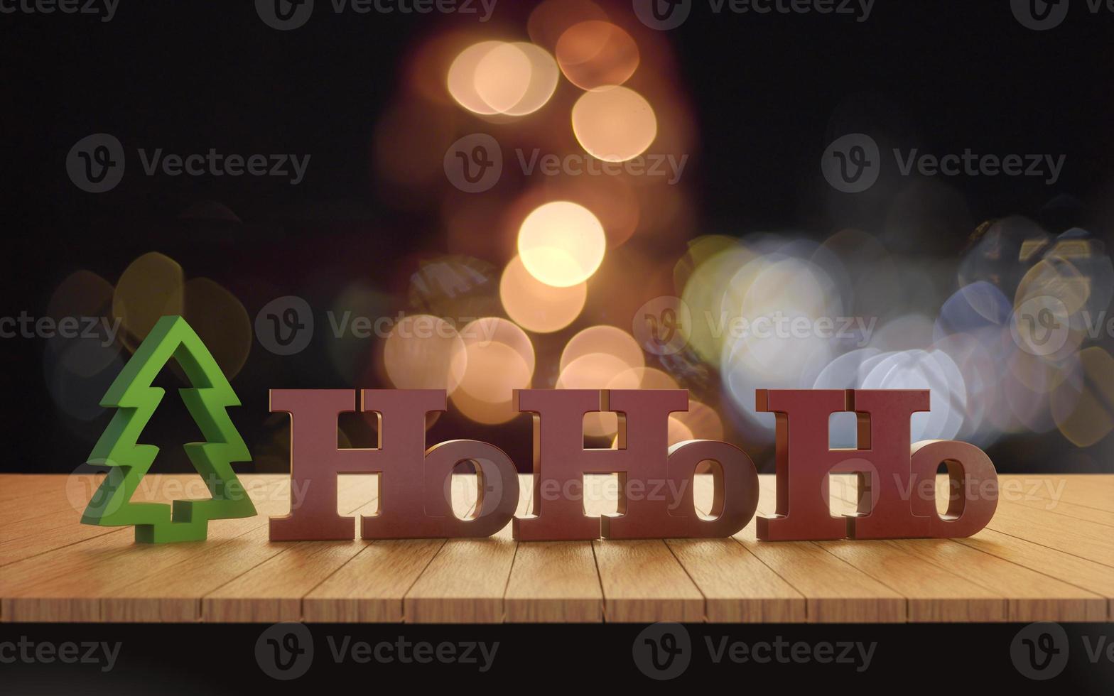 Merry Christmas Ho Ho Ho greeting message with christmas blurry bokeh light background. photo