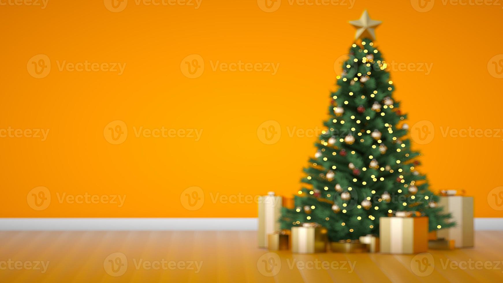 Amazing unfocused Christmas luxury tree with golden gift boxes. 3D render. Bokeh Christmas tree flasher. Merry Christmas and Happy New Year background. Yellow. Decorative background Pine spruce tree. photo