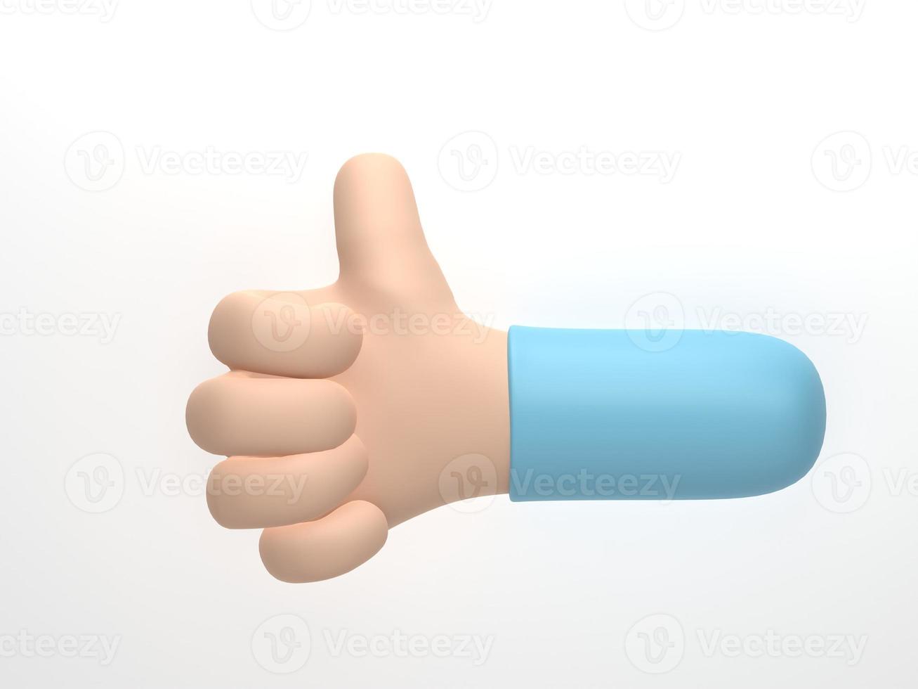representación 3d, ilustración 3d. la mano del personaje de caricatura muestra el pulgar hacia arriba, como un gesto aislado en el fondo blanco foto