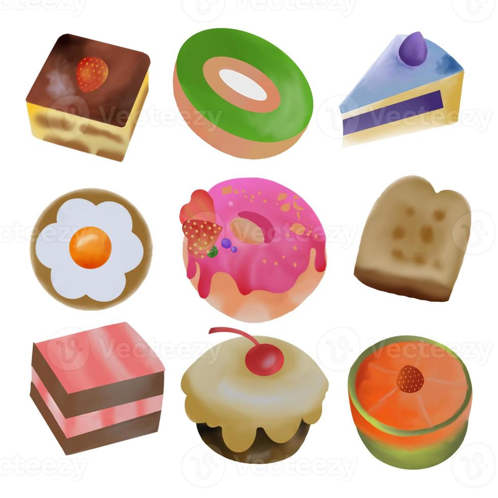 Watercolor painted of fast food set of cakes, chocolate, egg, cookies, donut, breads. Hand drawn illustration set photo