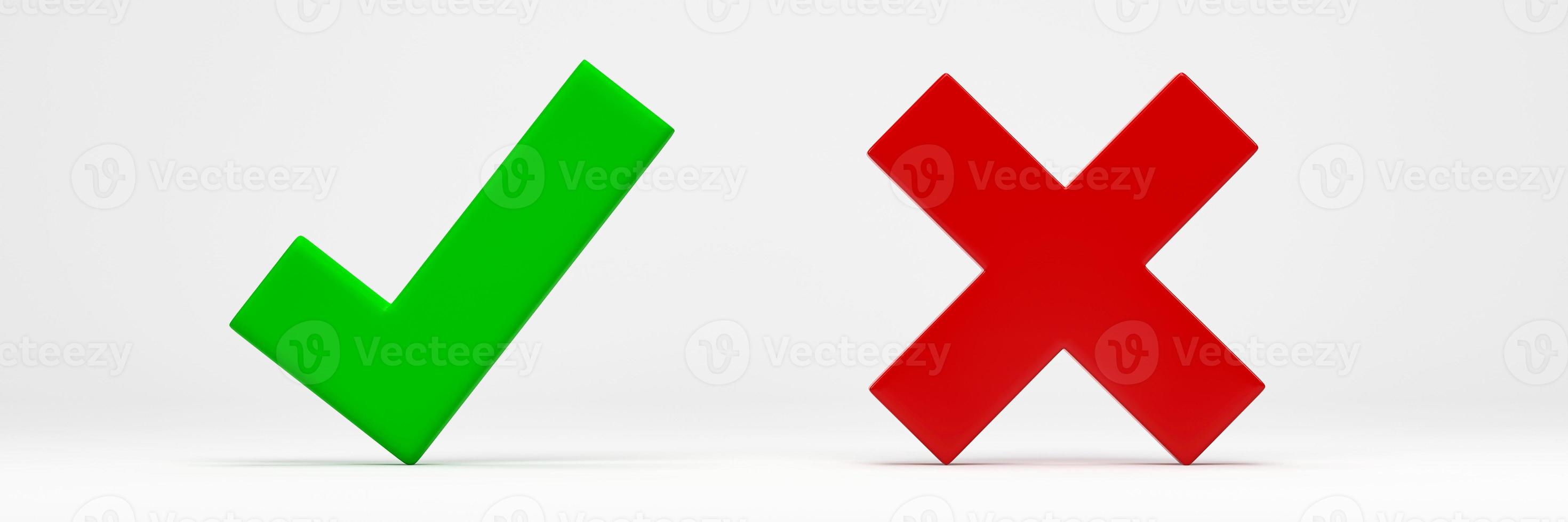 3D rendering, 3D illustration. Right and wrong button. Check mark and X mark icon isolated on white background. checkmark symbol accepted and rejected photo