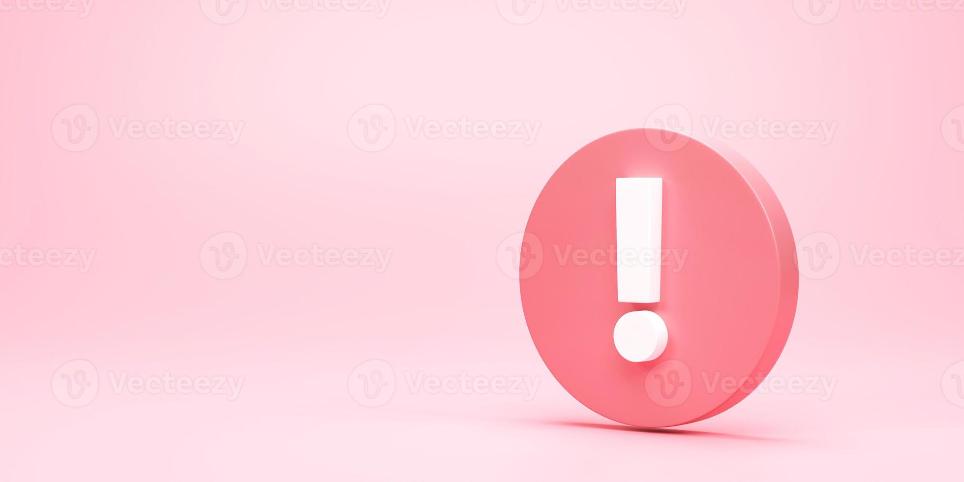 3D rendering, 3D illustration. Exclamation mark symbol or caution sign icon on pink pastel background. photo
