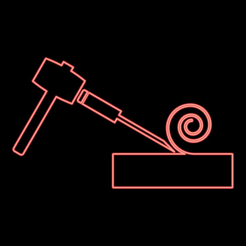 Neon hammer and wood carpentry red color vector illustration flat style image