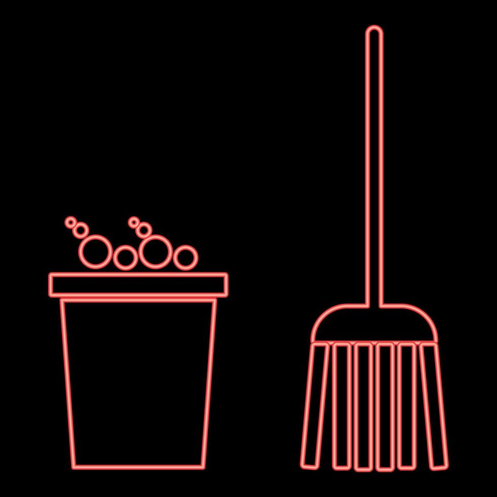 Neon bucket and broom red color vector illustration flat style image