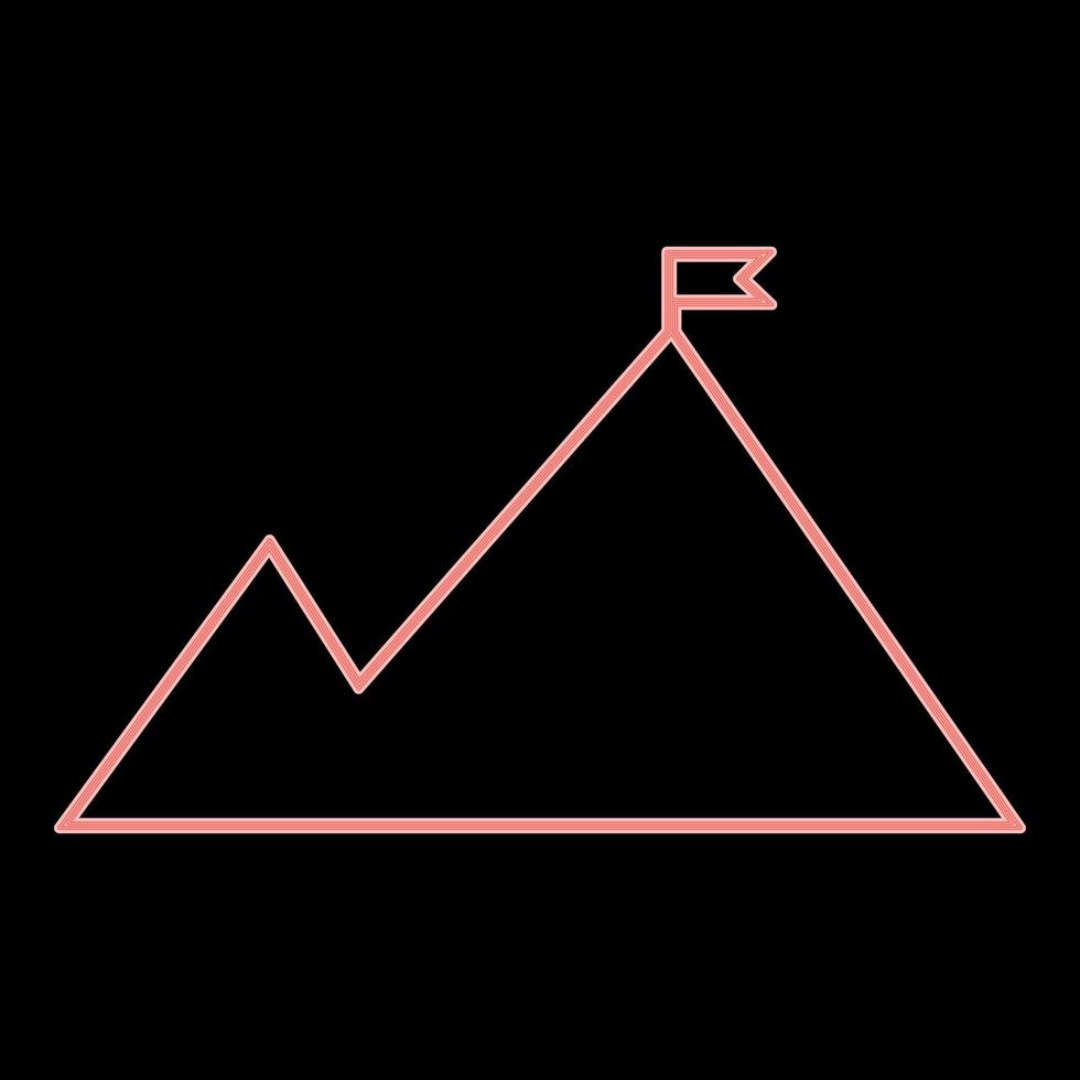 montañas de neón con una bandera en la parte superior de la imagen de estilo plano de ilustración de vector de color rojo