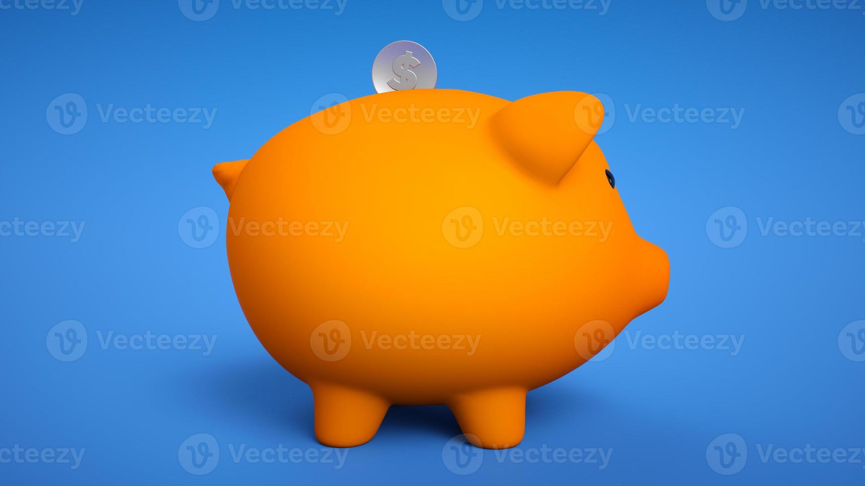 3d render of gold coin falling into a piggy bank. Piggy bank with coins money cash isolated on white background. Icon piggy bank, concept of saving money. Pig money box icon. photo