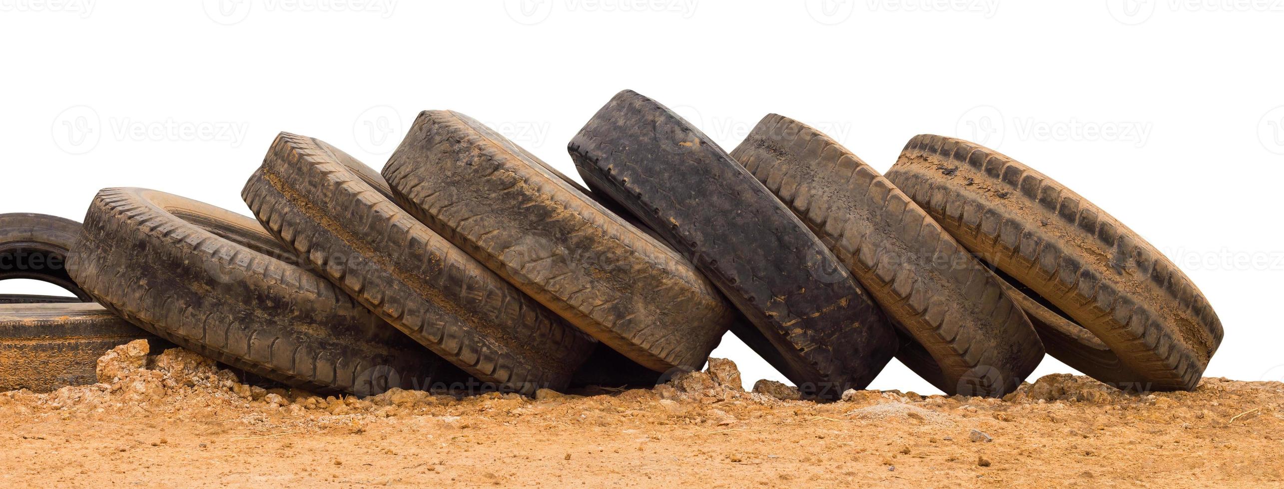 Old vehicle tires soiled with mud. photo