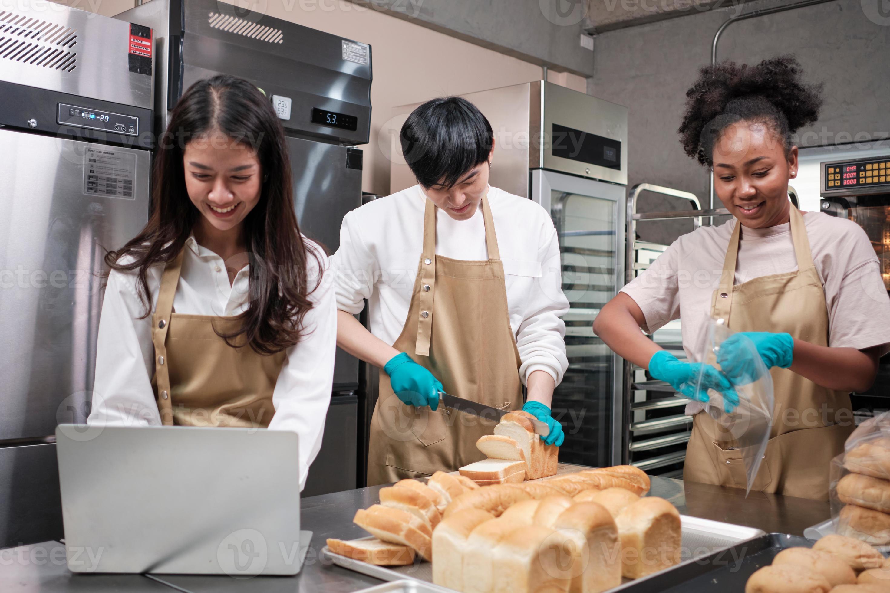 Three young friends and startup partners of bread dough and pastry