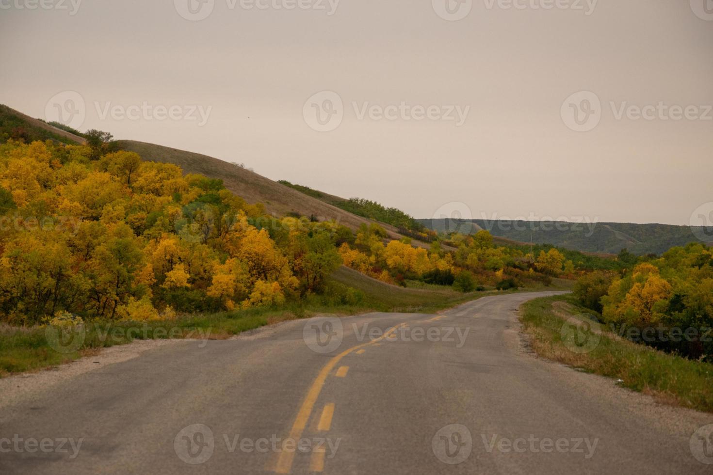 colores de otoño a lo largo de la carretera en el valle de qu'appelle, saskatchewan, canadá foto