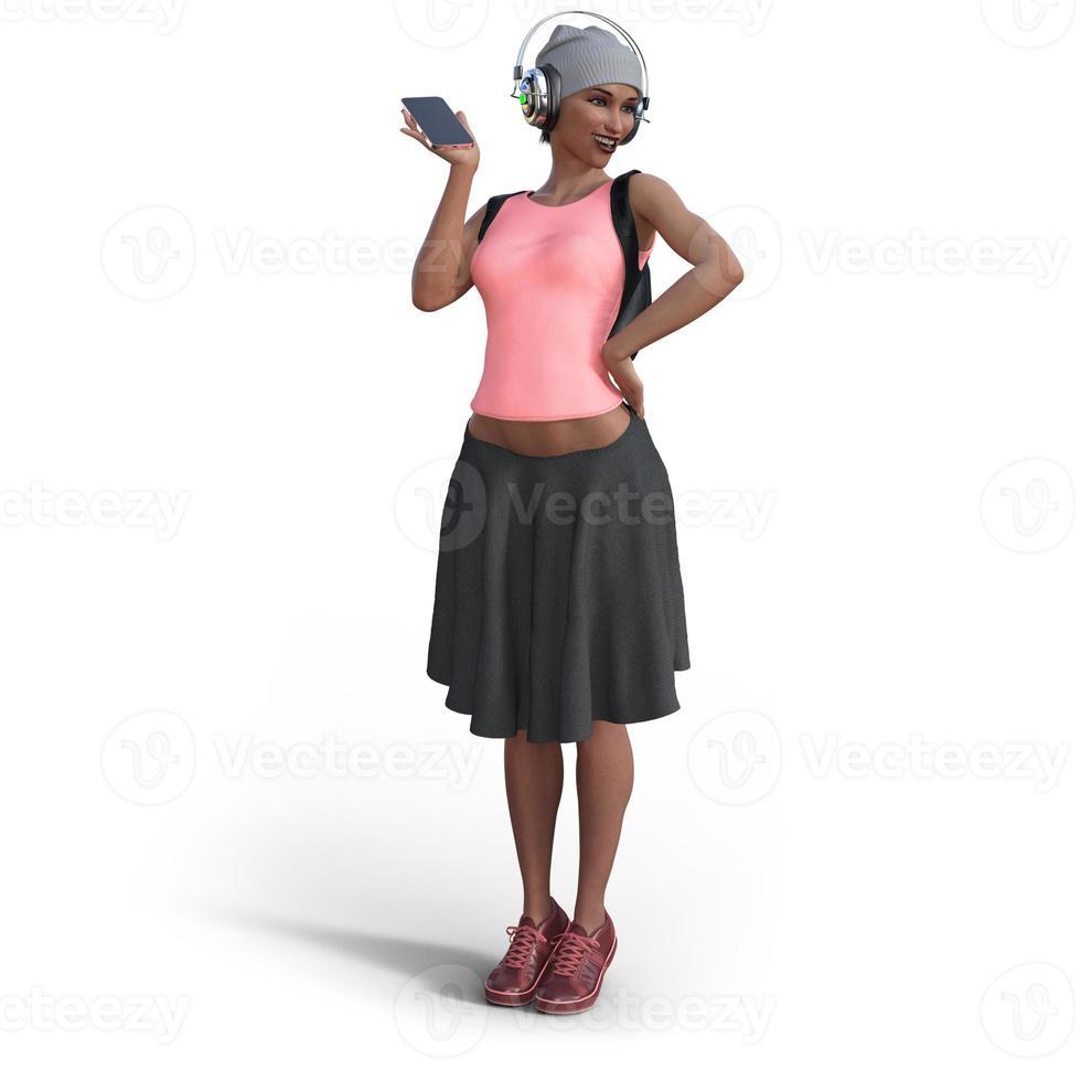 Beautiful young woman in casual clothes listening to music on smartphone in 3D illustration photo