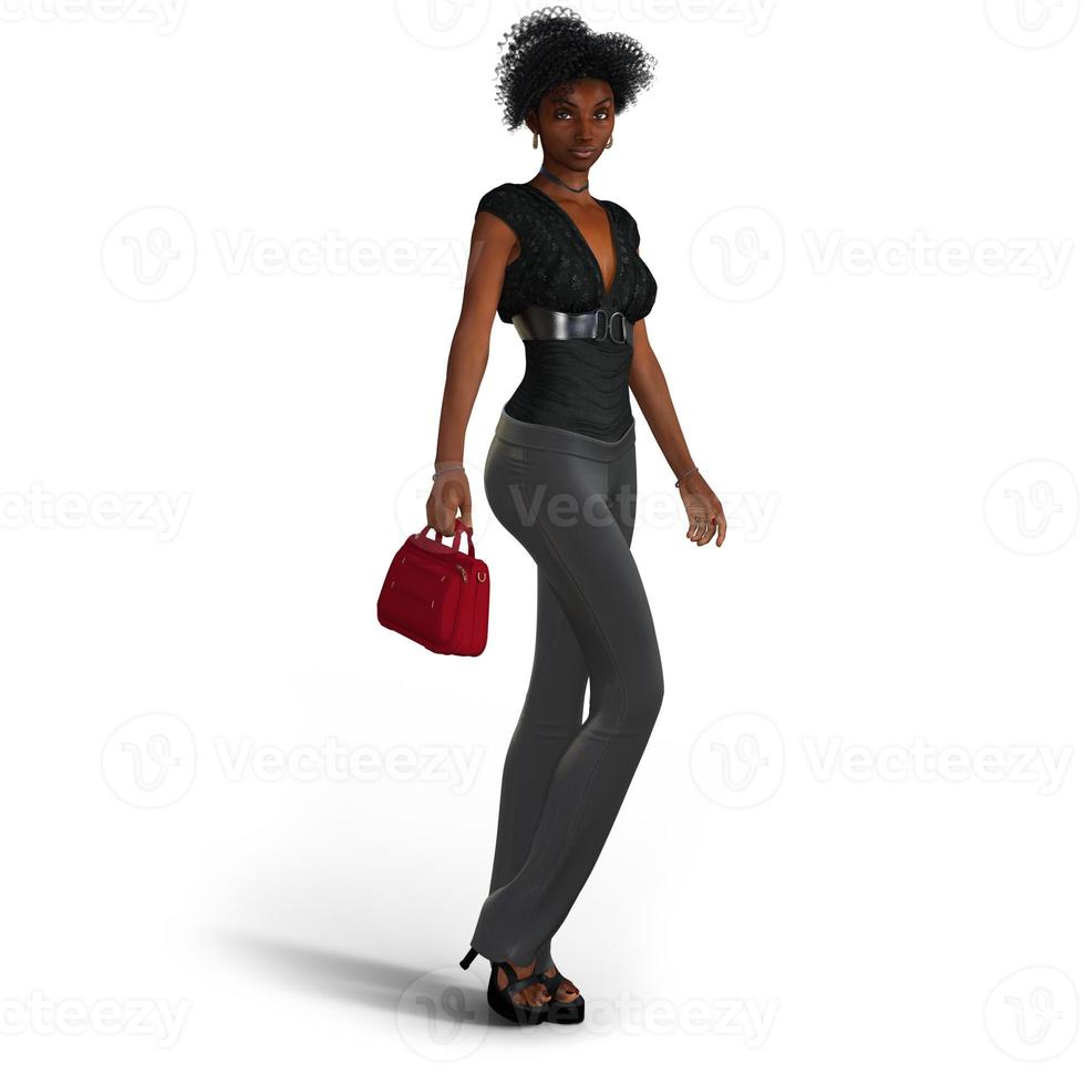 Beautiful and elegant black woman with red bag in 3D illustration photo