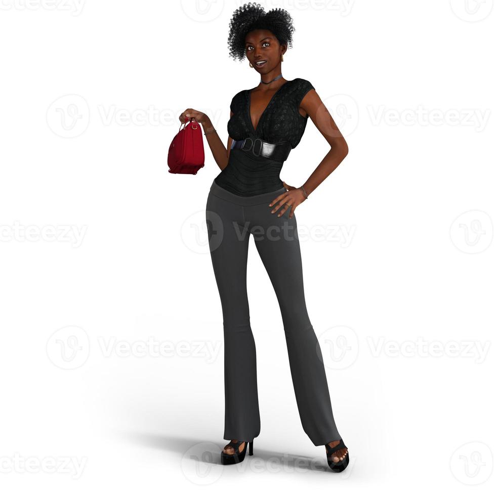 bella y elegante mujer negra con bolso rojo en ilustración 3d foto