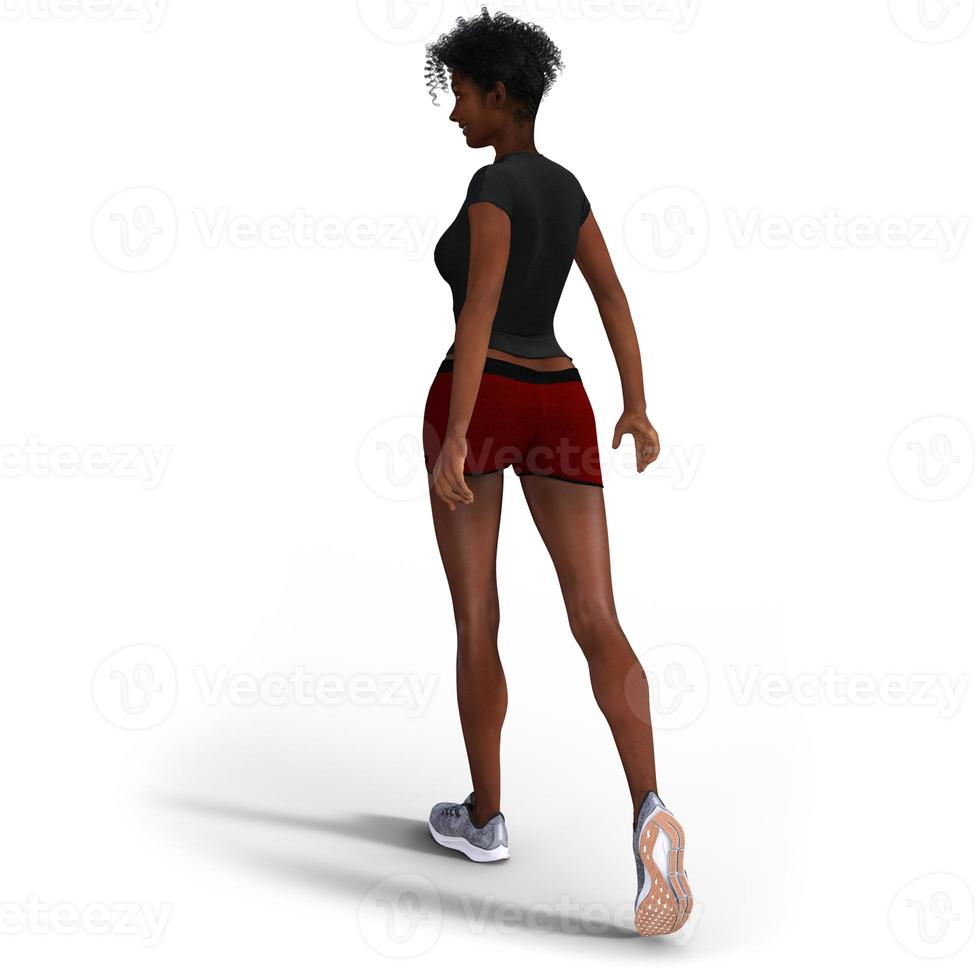 Beautiful black woman with sneakers and hiking clothes in 3D illustration. photo