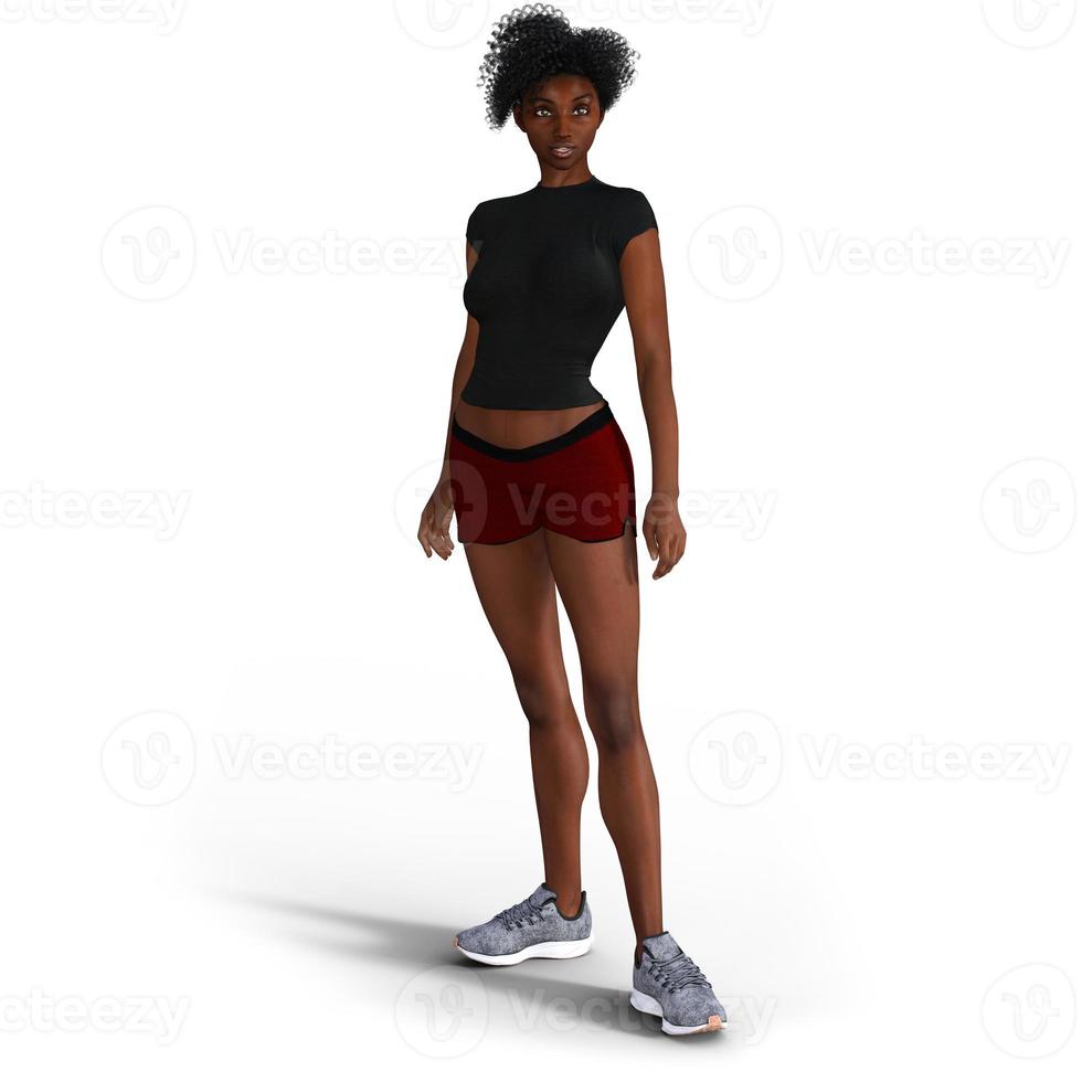 hermosa mujer negra con zapatillas y ropa de senderismo en 3d ilustración. foto