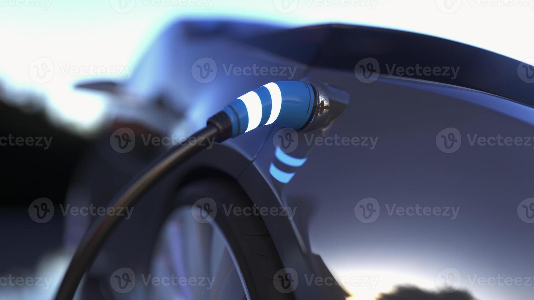 Charging cable is plugged into socket. Electric vehicle charging port plugging in EV modern car. 3d rendering photo
